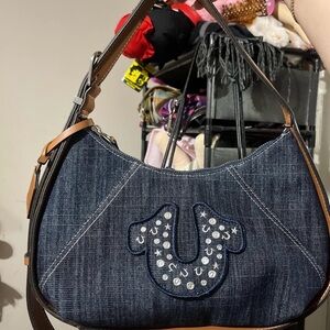 True Religion Denim Shoulder Bag with Brown Trim!! Need it gone asap!